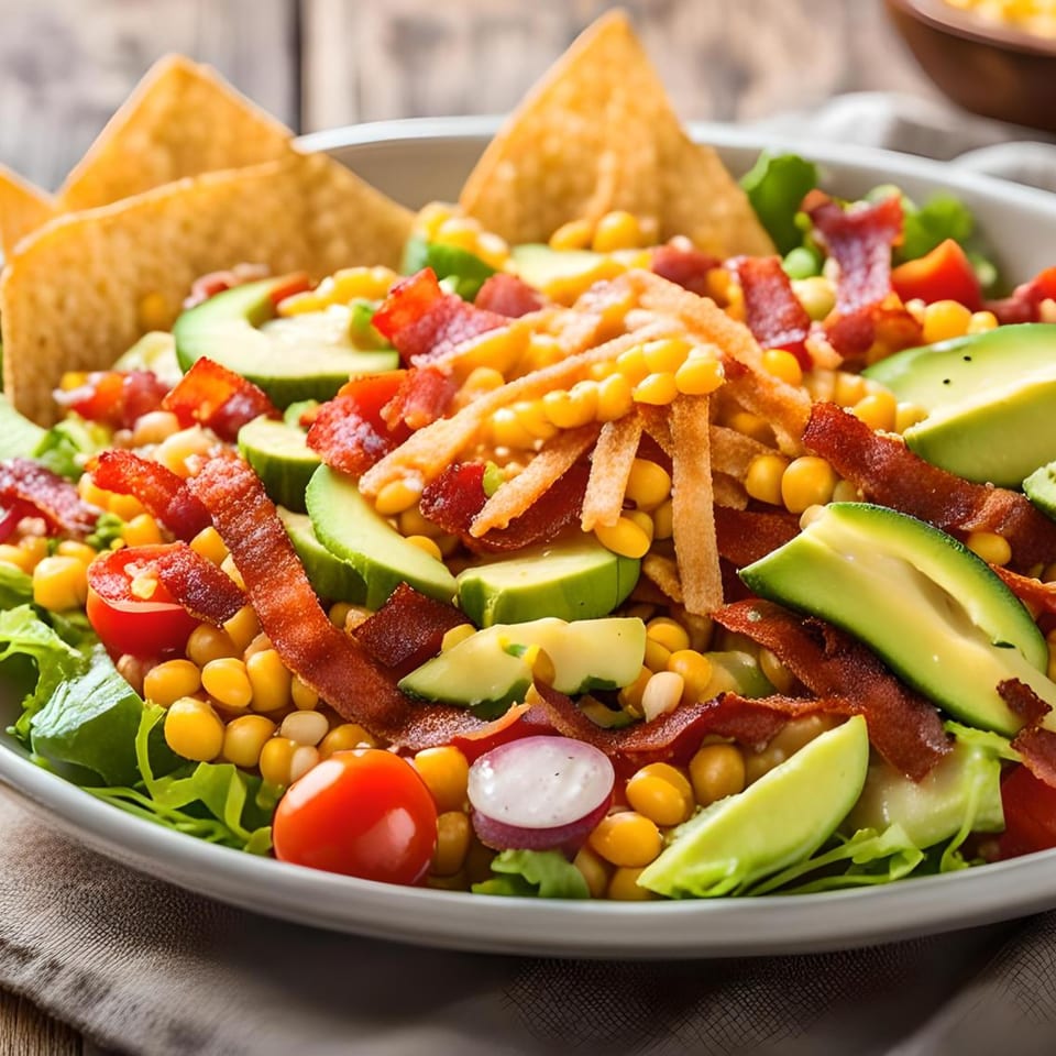 Close-up of a vibrant Mexican salad with corn, avocado, bacon, tomatoes, and tortilla chips.