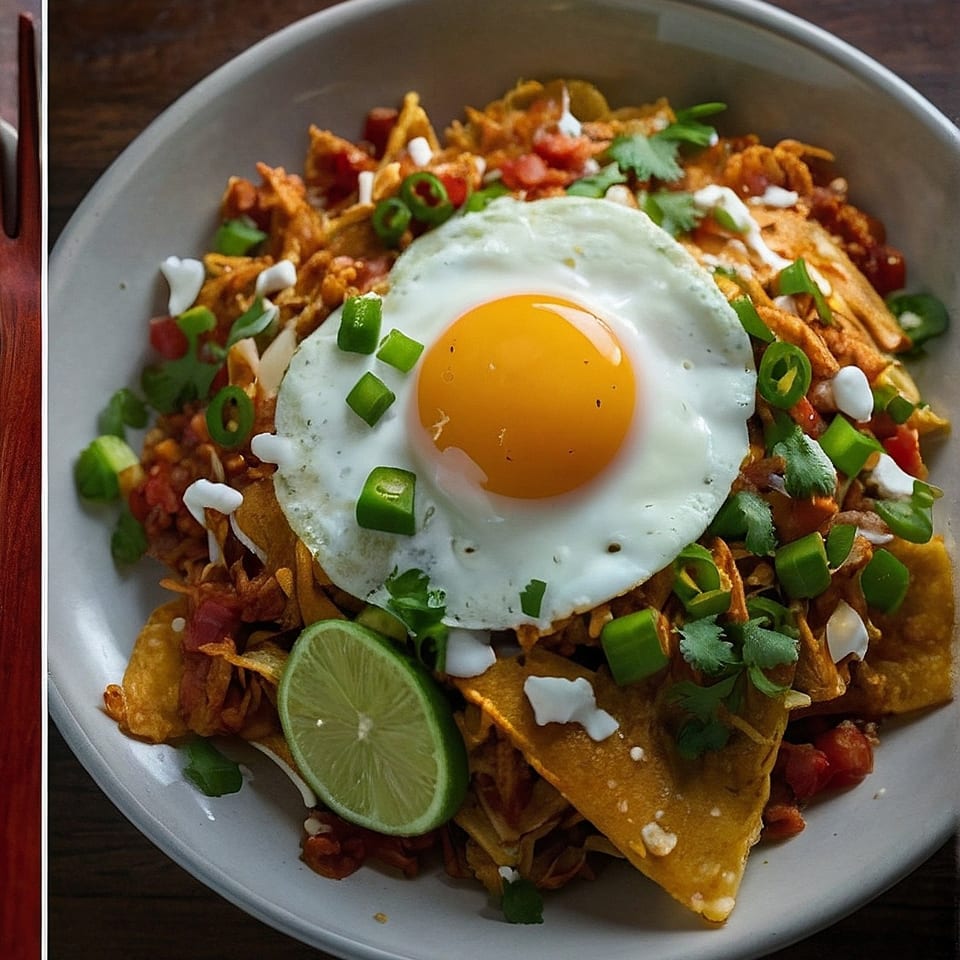 A close-up of chilaquiles with a fried egg, lime, and cilantro in a white bowl.